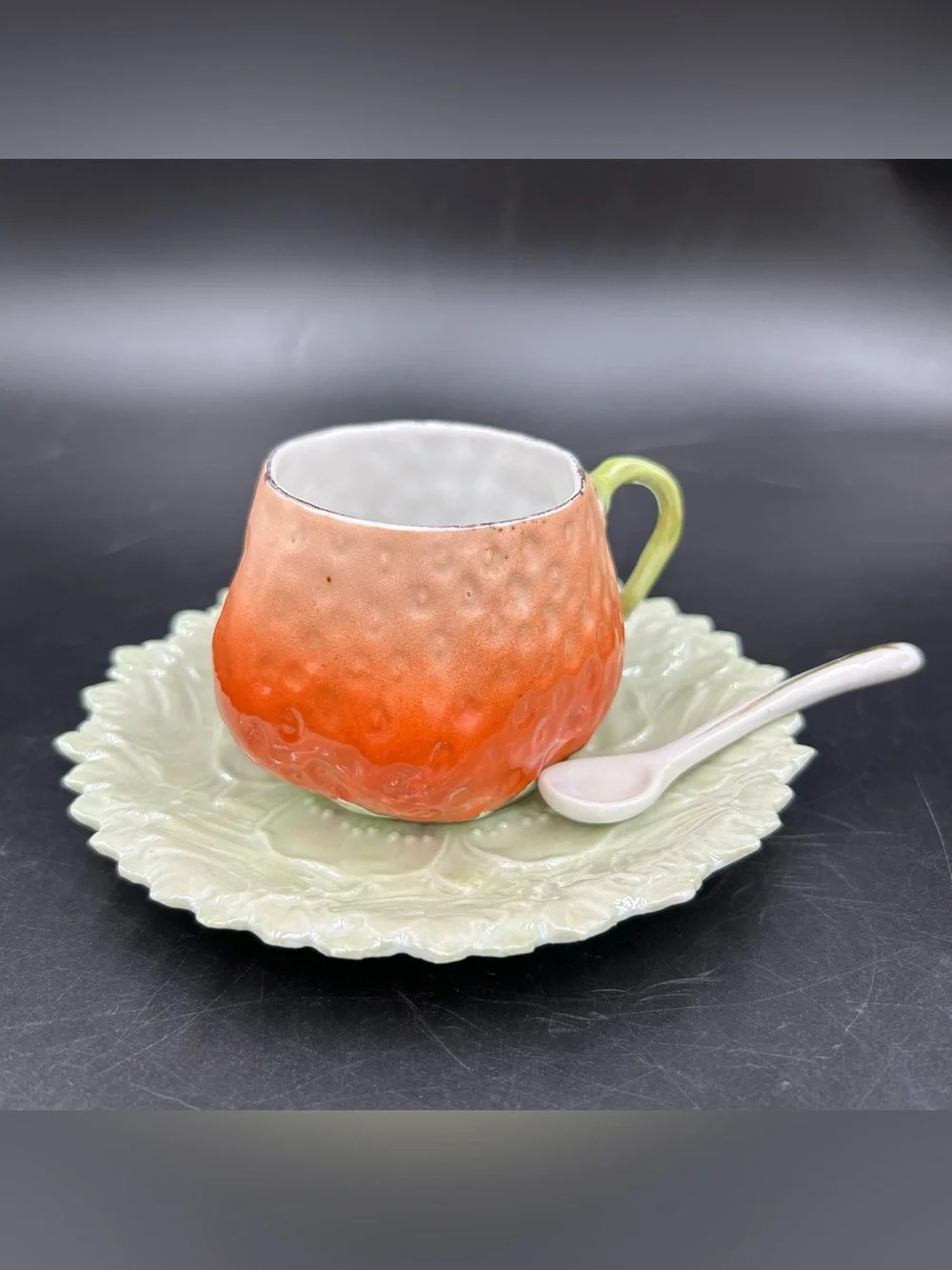 Vintage Strawberry Tea Cup Saucer Spoon Set Unmarked Ceramic Cottagecore Fruit